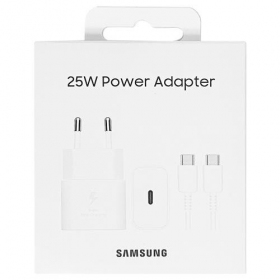Laddare original Samsung EP-T2510XWEGEU 25W + USB-C kabel förpackningen innehåller vit