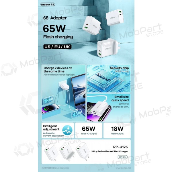 Laddare Remax RP-U125 65W GaN USB-C/USB-A vit