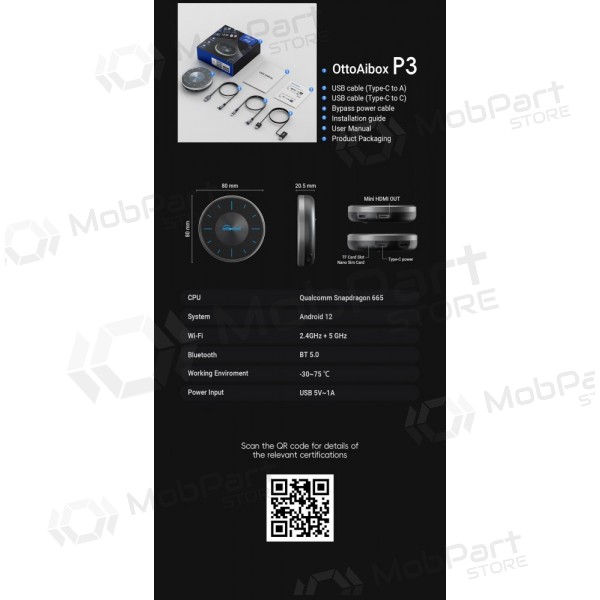Trådlös CarPlay / Android Auto-adapter Ottocast OttoAiBox P3 PCS46 svart