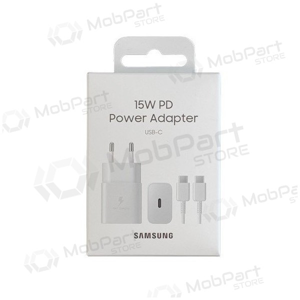 Laddare original Samsung EP-T1510XWEGEU 15W + kabel Type-C 1m förpackningen innehåller vit