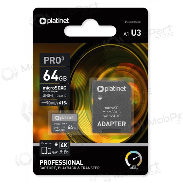 Minneskort Platinet MicroSD 64GB (class10 UHS-III 90MB/S) + SD Adapter
