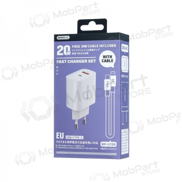 Telefonladdare Remax RP-U120 20 W USB-C + USB-A med Lightning-kabel 1 m vit