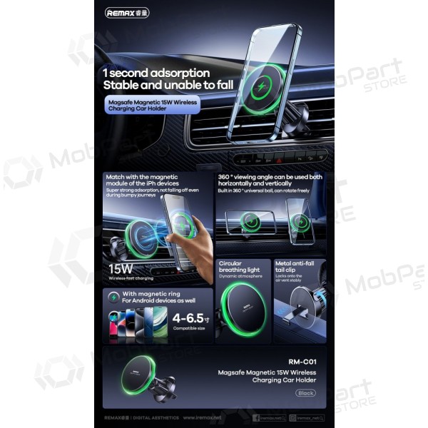 Automobilinis laikiklis-laddare Remax RM-C01 MagSafe 15W svart