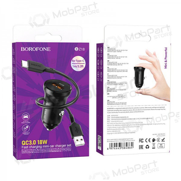 Laddare automobilinis Borofone BZ18 Quick Charge 3.0 18W + Type-C (svart)