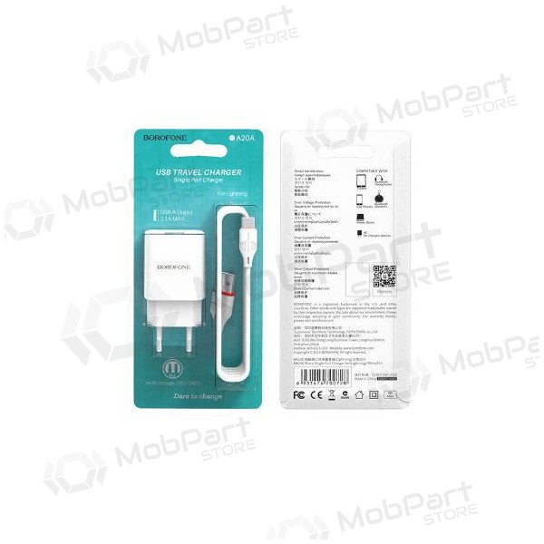 Laddare BOROFONE BA20A Sharp USB + Type-C kabel (5V 2.1A) (vit)
