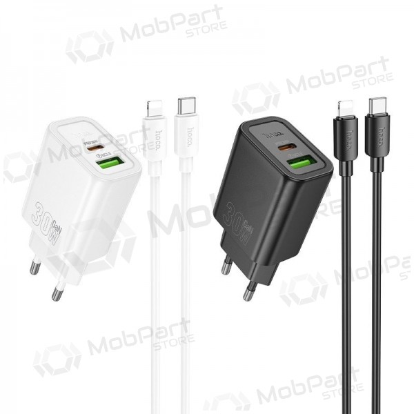 Telefonladdare Hoco N63 30 W GaN USB-C + USB-A med Lightning-kabel 1 m vit