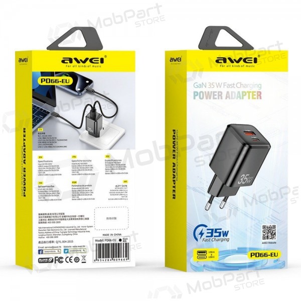 Laddare Awei PD66-EU GaN 35W USB-A/USB-C vit