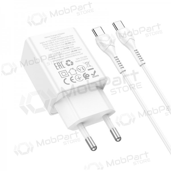 Telefonladdare Hoco N71 30 W GaN USB-C + USB-A med USB-C-kabel 1 m vit