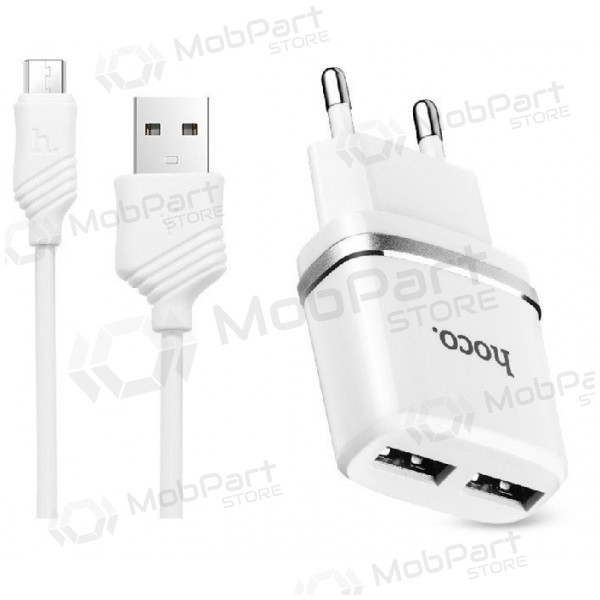 Laddare HOCO C12 Smart Dual USB + microUSB kabel (2.4A) (vit)