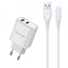 Telefonladdare Awei PD81L-EU 22.5 W USB-C + USB-A med Lightning-kabel 1 m vit