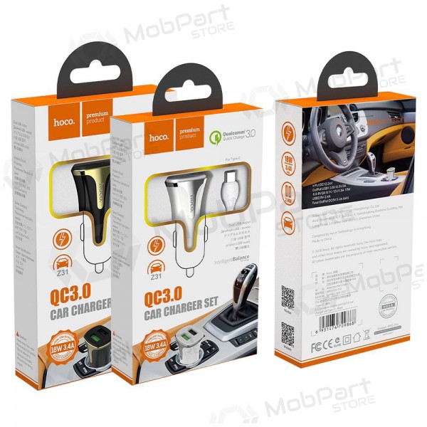 Laddare automobilinis Hoco Z31 Quick Charge 3.0 (3.4A) x 2 USB + Type-C (vit)