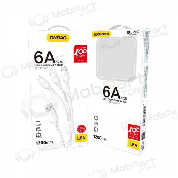 USB-kabel Dudao L8A-3in1 USB-A till USB-C / Micro USB / Lightning 1.2 m 6A
