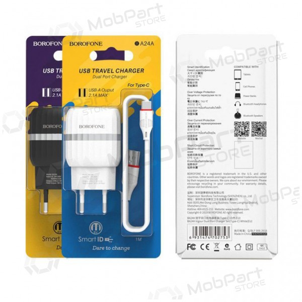 Laddare BOROFONE BA24A Vigour Dual USB + Type-C kabel (5V 2.4A) (svart)