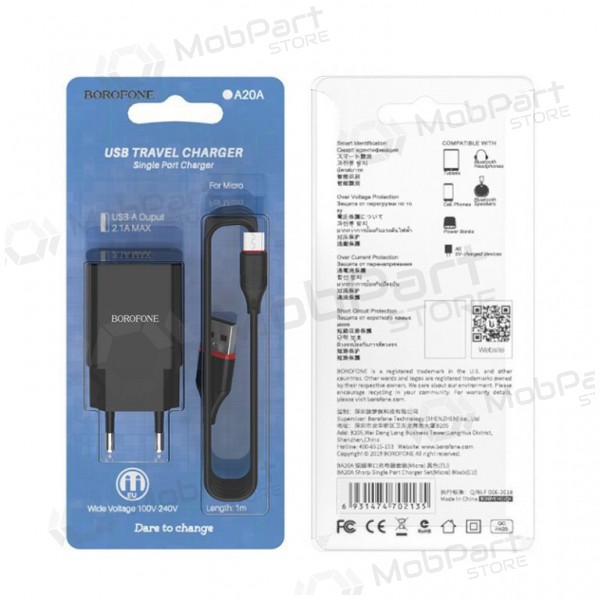 Laddare BOROFONE BA20A Sharp USB + microUSB kabel (5V 2.1A) (svart)