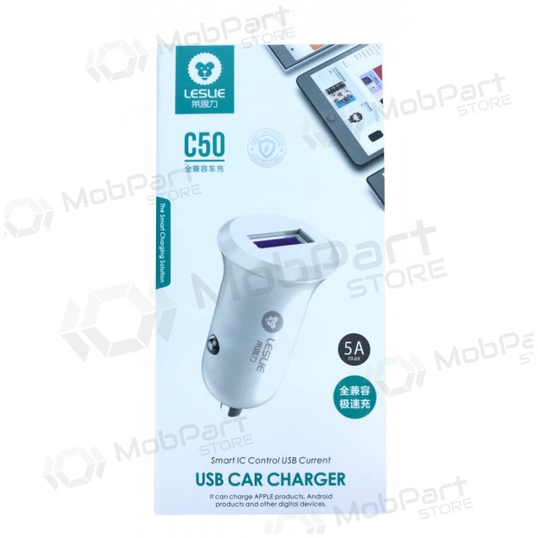 Laddare automobilinis Leslie C50 USB 5A (vit)