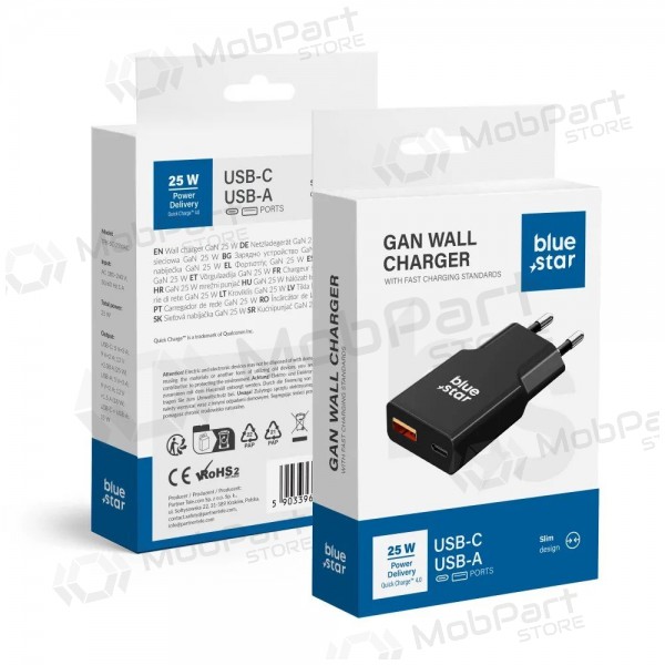 Telefonladdare Blue Star Slim 25 W GaN USB-C + USB-A svart