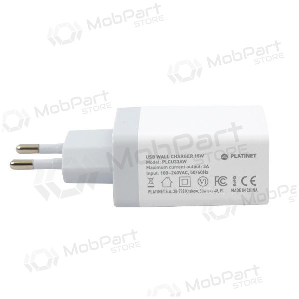 Laddare Platinet QuickCharge 3xUSB (15W 3A) (vit)