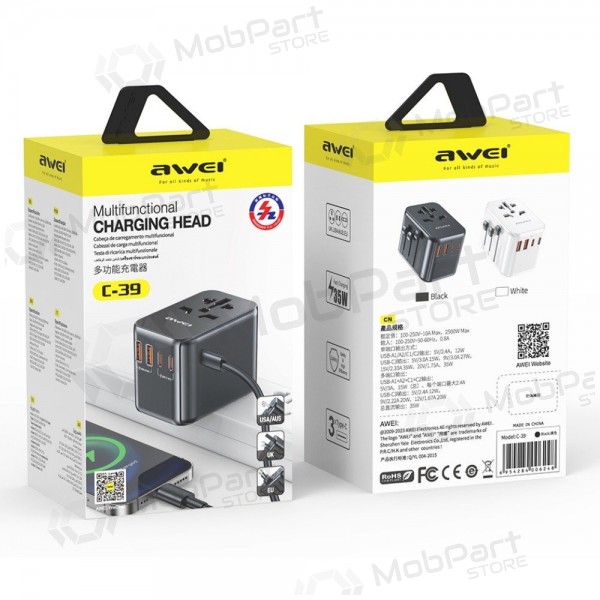 Universell kelioninis laddare Awei C-39 GaN 35W 2xUSB-A/3xUSB-C svart