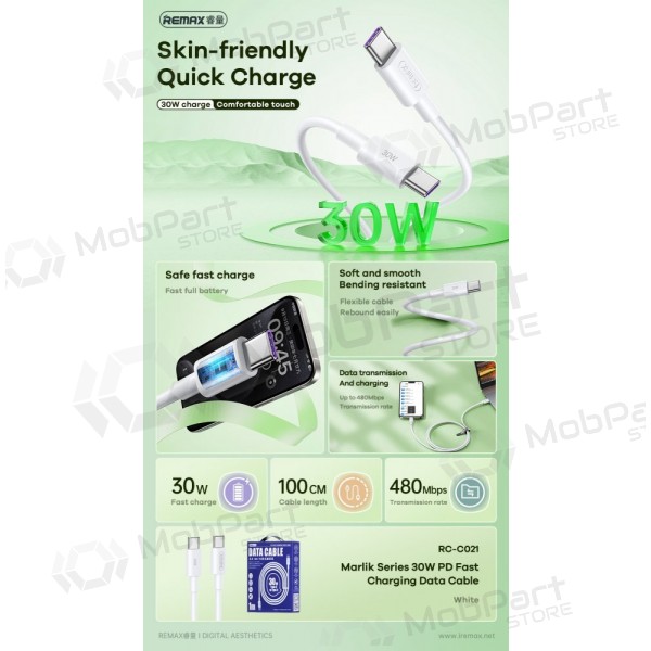 USB kabel Remax RC-C021 USB-C to USB-C 30W 1.0m vit