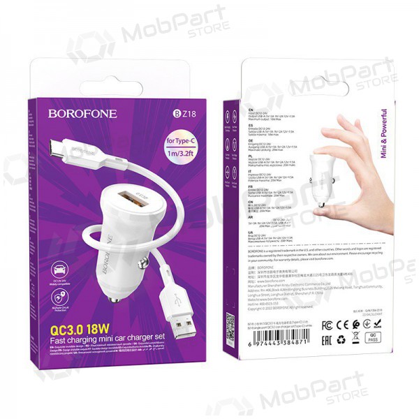 Laddare automobilinis Borofone BZ18 Quick Charge 3.0 18W + Type-C (vit)
