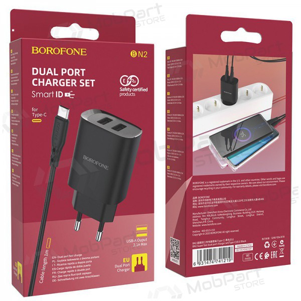 Laddare Borofone BN2 2xUSB 2.1A + USB Type-C (svart)