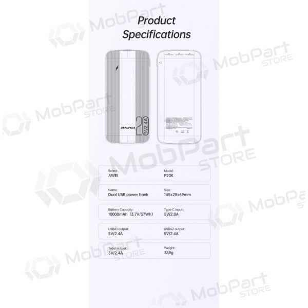 Powerbank Power Bank Awei P19K 5V/2.4A 20000mAh svart