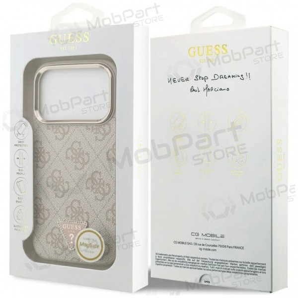 Apple iPhone 17 Pro Max fodral - Guess PU Leather 4G Strass Triangle Logo Gold Frame MagSafe (rosa)
