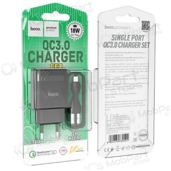 Laddare HOCO C72Q Glorious USB + microUSB kabel (QC3.0) (svart)