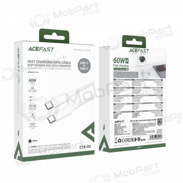 USB kabel Acefast C18-03 60W USB-C to USB-C 1.2m vit