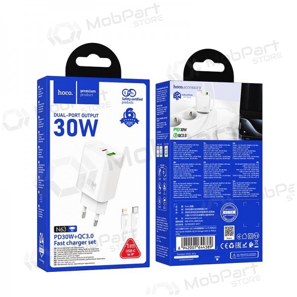Telefonladdare Hoco N63 30 W GaN USB-C + USB-A med Lightning-kabel 1 m vit