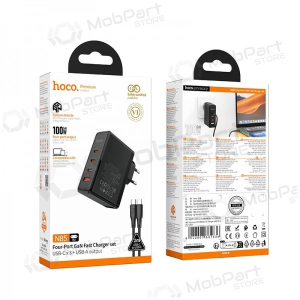 Nätladdare Hoco N85 100 W 3x USB-C + USB-A med USB-C kabel 2 m svart