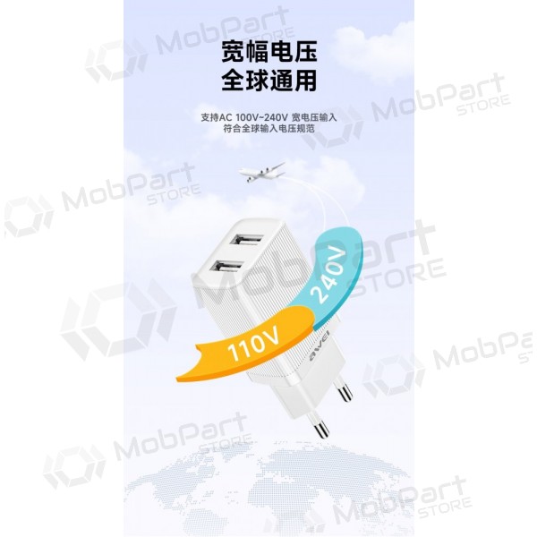 Laddare Awei C15T-EU 2xUSB-A 10W + USB to USB-C cable vit