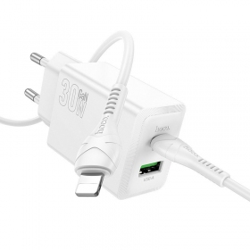 Telefonladdare Hoco N71 30 W GaN USB-C + USB-A med Lightning-kabel 1 m vit