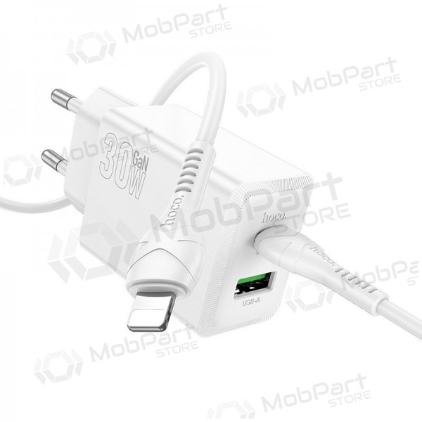 Telefonladdare Hoco N71 30 W GaN USB-C + USB-A med Lightning-kabel 1 m vit