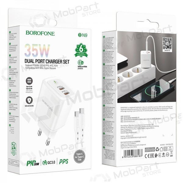 Laddare buitinis Borofone BN9 2xType-C 35W + Type-C vit