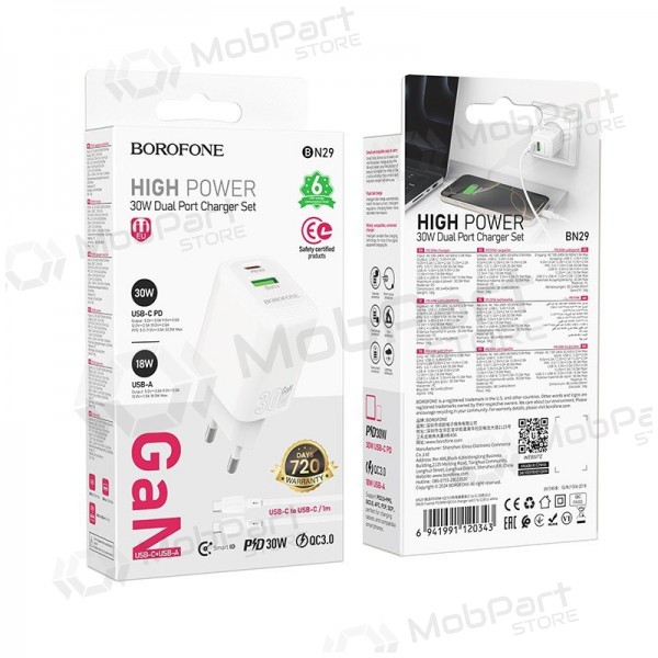 Telefonladdare Borofone BN29 30 W USB-C + USB-A med USB-C-kabel 1 m vit