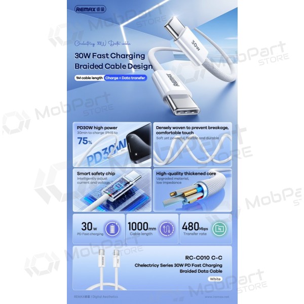 USB kabel Remax RC-C010 USB-C to USB-C 30W 1.0m vit