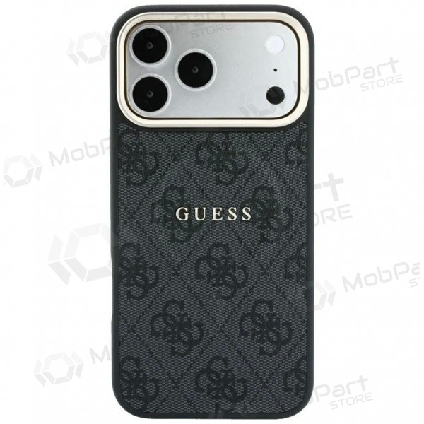 Apple iPhone 18 Pro fodral - Guess PU Leather 4G Gold Frame Embossed MagSafe (svart)
