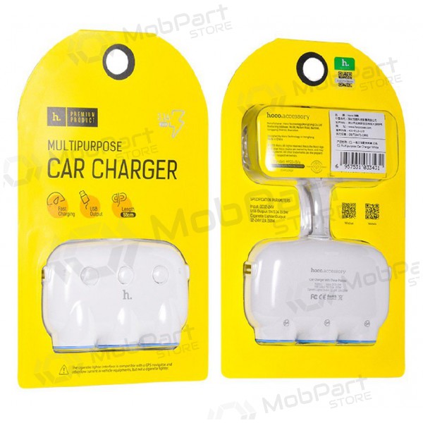 Billaddare HOCO C1 TRIPLE + USB (5V 3.1A) (vit)