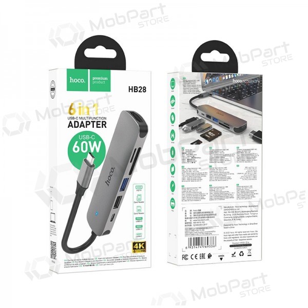 USB-C-adapter Hoco HB28 USB-C till HDMI + USB 3.0 + USB 2.0 + SD + TF + PD grå