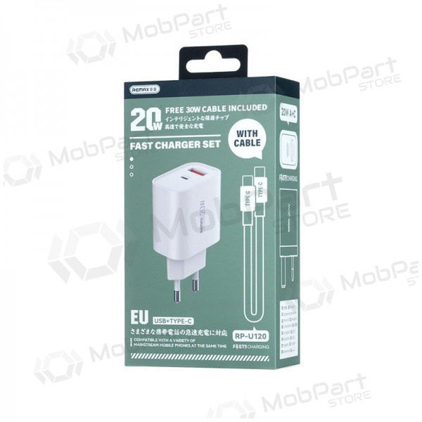 Telefonladdare Remax RP-U120 20 W USB-C + USB-A med USB-C-kabel 1 m vit