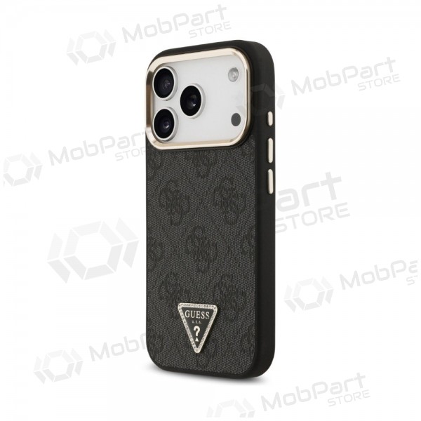 Apple iPhone 18 Pro fodral - Guess PU Leather 4G Strass Triangle Logo Gold Frame MagSafe (svart)