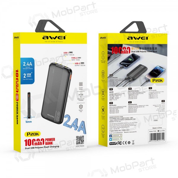 Powerbank Power Bank Awei P20K 5V/2.4A 10000mAh svart