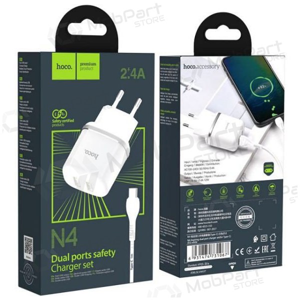 Laddare HOCO N4 Aspiring Dual USB + type-C kabel (5V 2.4A) (vit)