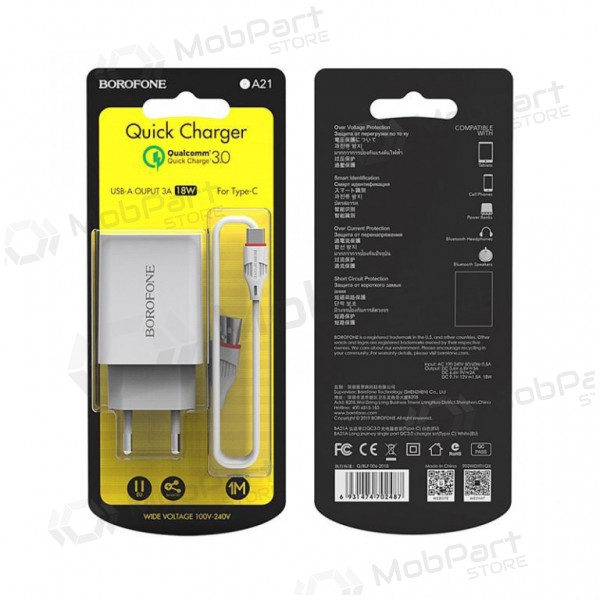 Laddare BOROFONE BA21A Long journey QC3.0 USB + Type-C kabel 18W (3.6V-6.5V/3A, 6.6V-9V/2A, 9.1V-12V/1.5A) (vit)