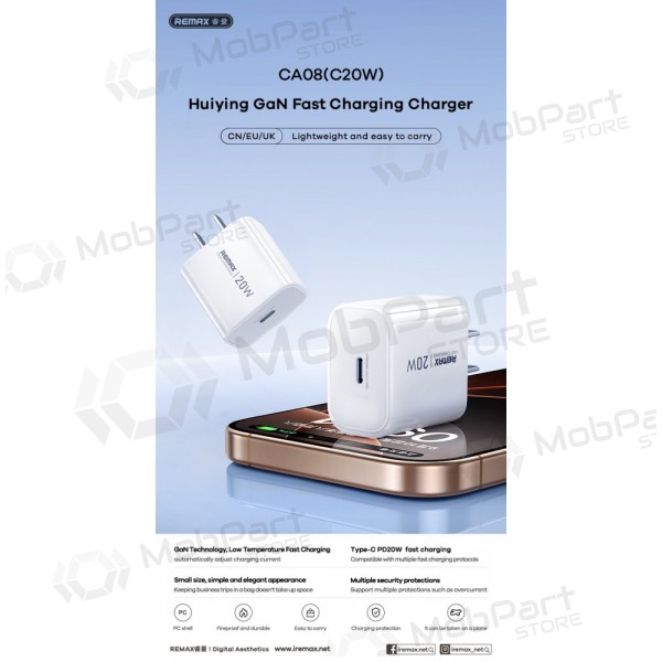 Telefonladdare Remax CA08 20 W USB-C vit