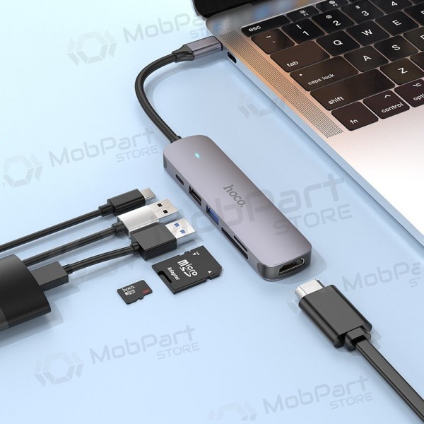 USB-C-adapter Hoco HB28 USB-C till HDMI + USB 3.0 + USB 2.0 + SD + TF + PD grå