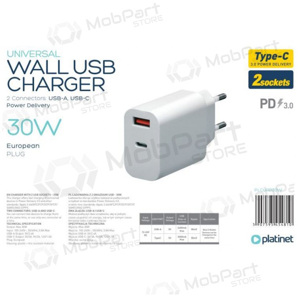 Platinet QuickCharge Type-C+USB 2.4A (30W) laddare