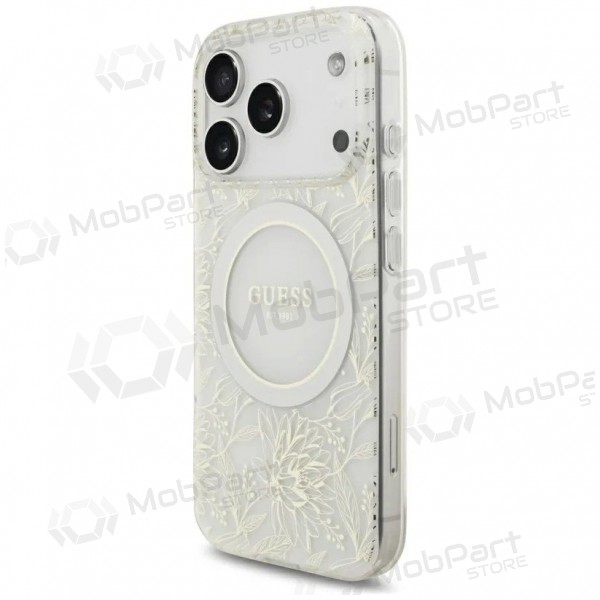 Apple iPhone 18 Pro fodral - Guess IML Flowers Allover Strap MagSafe (vit)