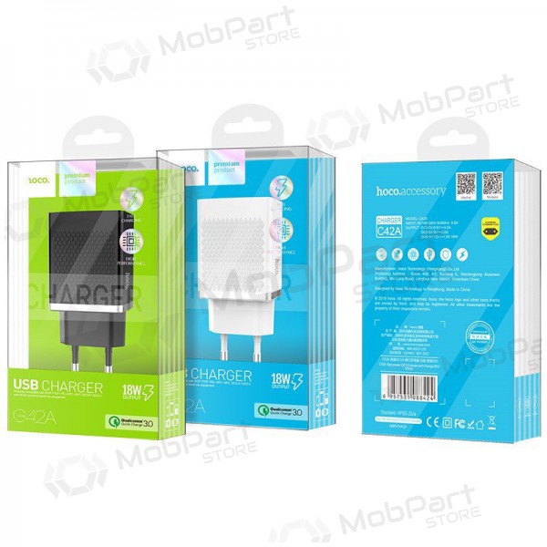 Laddare HOCO C42A Vast power QC3.0 USB 18W (3.6V-6.5V/3A, 6.6V-9V/2A, 9.1V-12V/1.5A) (vit)
